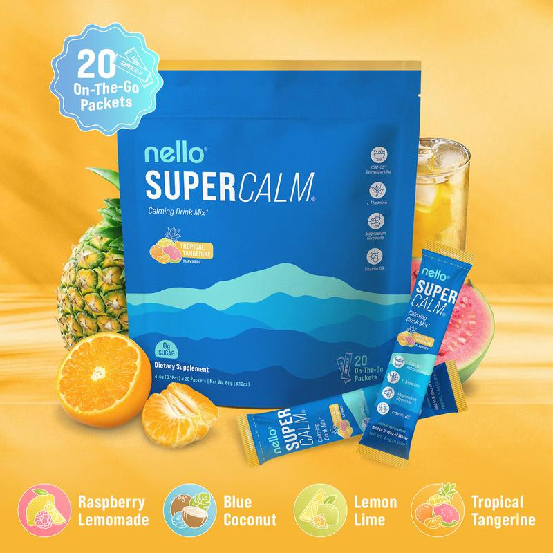 Nello Supercalm – Calming Drink Mix with KSM-66 Ashwagandha, Vitamin D3, Magnesium & L-Theanine – Supports Cortisol Balance, Mood & Sleep, Helps Manage Occasional Stress – Travel Packets (20 Servings)