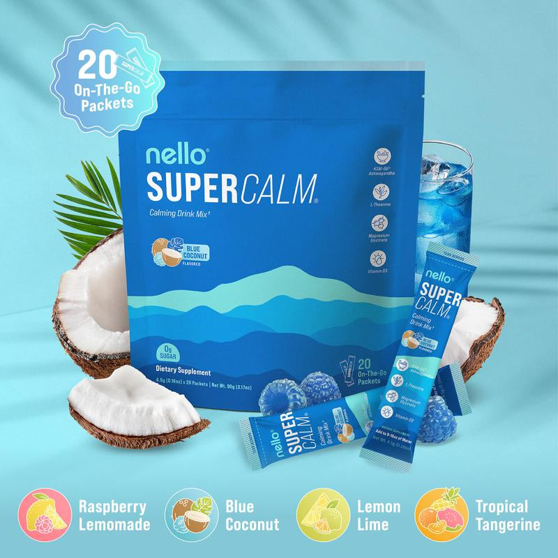 Nello Supercalm – Calming Drink Mix with KSM-66 Ashwagandha, Vitamin D3, Magnesium & L-Theanine – Supports Cortisol Balance, Mood & Sleep, Helps Manage Occasional Stress – Travel Packets (20 Servings)