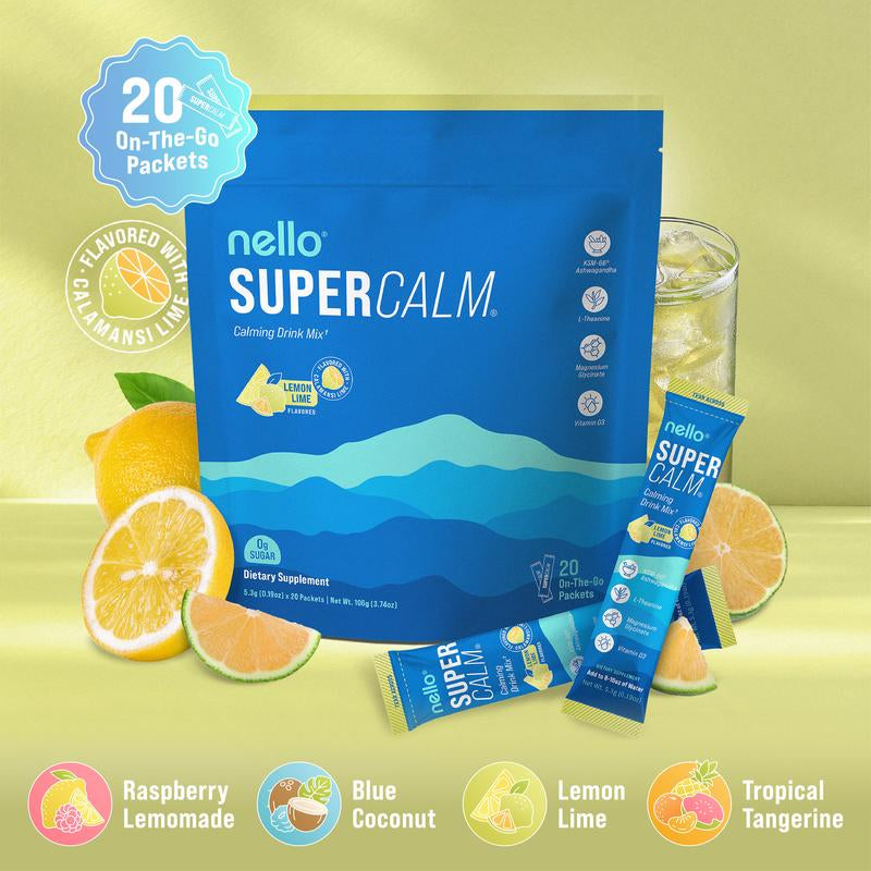 Nello Supercalm – Calming Drink Mix with KSM-66 Ashwagandha, Vitamin D3, Magnesium & L-Theanine – Supports Cortisol Balance, Mood & Sleep, Helps Manage Occasional Stress – Travel Packets (20 Servings)