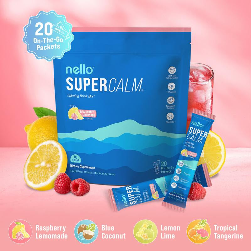 Nello Supercalm – Calming Drink Mix with KSM-66 Ashwagandha, Vitamin D3, Magnesium & L-Theanine – Supports Cortisol Balance, Mood & Sleep, Helps Manage Occasional Stress – Travel Packets (20 Servings)